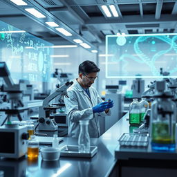 A combination of biotechnology and medicine, showcasing a sleek laboratory setting filled with advanced medical equipment, including microscopes, petri dishes, and bioreactors
