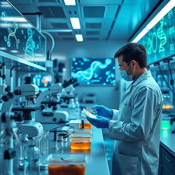 A combination of biotechnology and medicine, showcasing a sleek laboratory setting filled with advanced medical equipment, including microscopes, petri dishes, and bioreactors