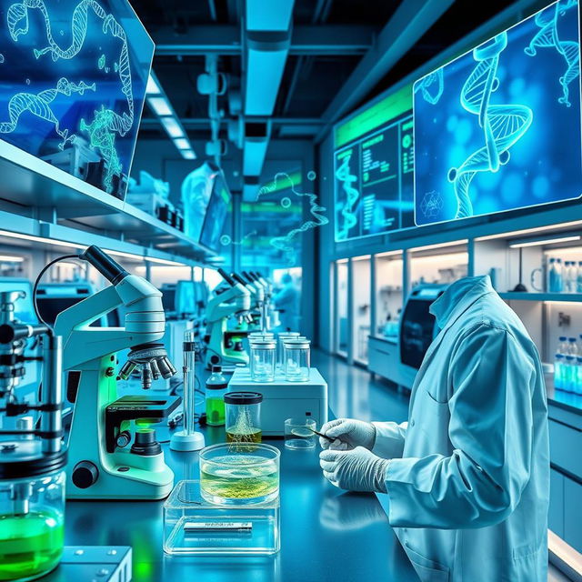 A combination of biotechnology and medicine, showcasing a sleek laboratory setting filled with advanced medical equipment, including microscopes, petri dishes, and bioreactors