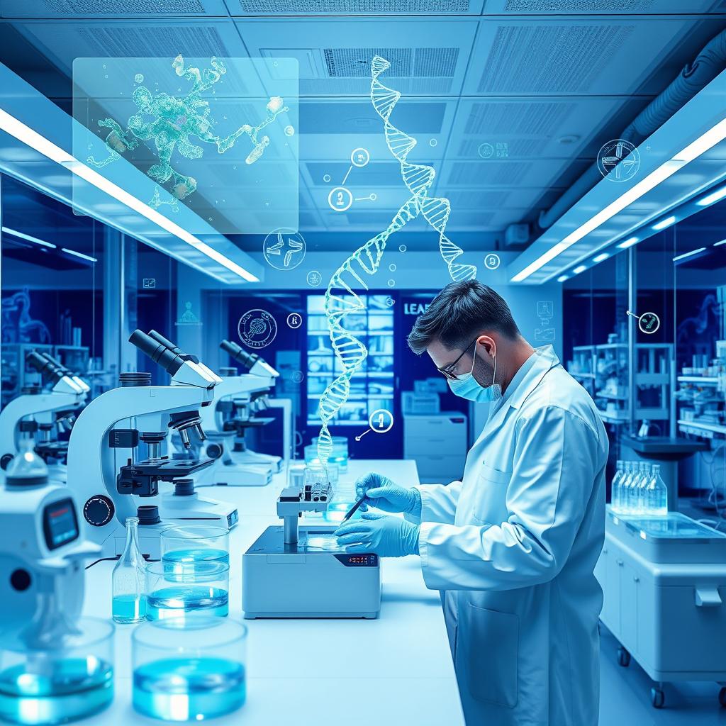 A combination of biotechnology and medicine, showcasing a sleek laboratory setting filled with advanced medical equipment, including microscopes, petri dishes, and bioreactors