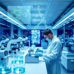 A combination of biotechnology and medicine, showcasing a sleek laboratory setting filled with advanced medical equipment, including microscopes, petri dishes, and bioreactors