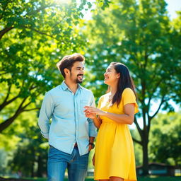 A scene featuring two people standing side by side, both smiling and engaging in a friendly conversation
