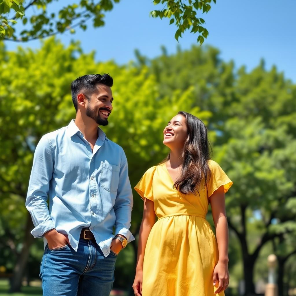A scene featuring two people standing side by side, both smiling and engaging in a friendly conversation