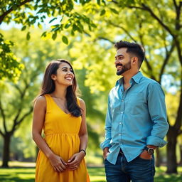 A scene featuring two people standing side by side, both smiling and engaging in a friendly conversation
