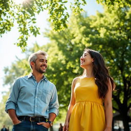 A scene featuring two people standing side by side, both smiling and engaging in a friendly conversation
