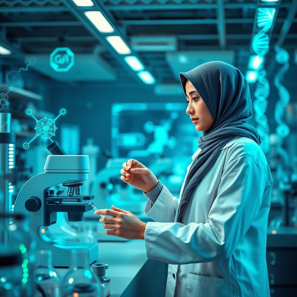 A combination of biotechnology and medicine, featuring a young woman wearing a hijab and a lab coat, working in a modern laboratory