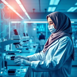 A combination of biotechnology and medicine, featuring a young woman wearing a hijab and a lab coat, working in a modern laboratory