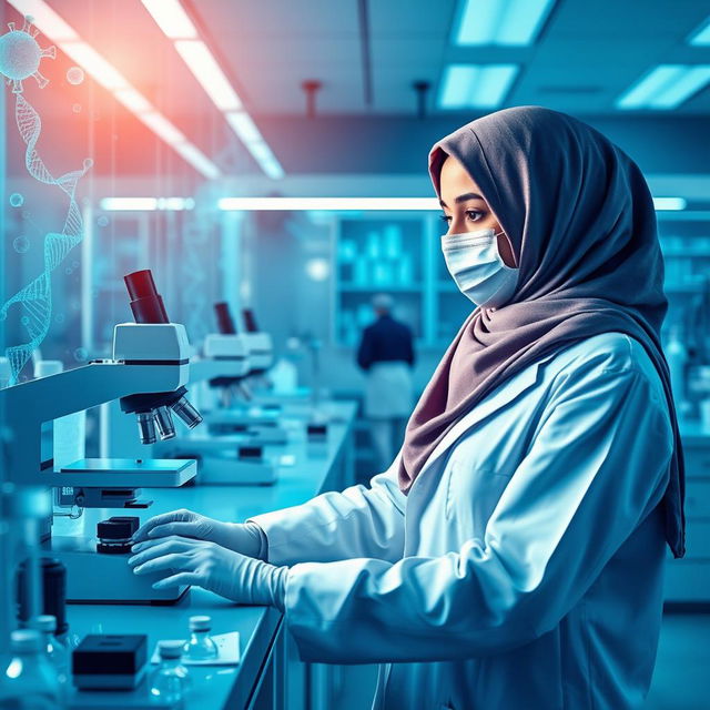 A combination of biotechnology and medicine, featuring a young woman wearing a hijab and a lab coat, working in a modern laboratory