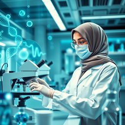 A combination of biotechnology and medicine, featuring a young woman wearing a hijab and a lab coat, working in a modern laboratory