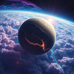 A stunning view of a distant planet soaring through the cosmos, featuring intricate surface details like vast mountain ranges, deep valleys, and glowing rivers of liquid