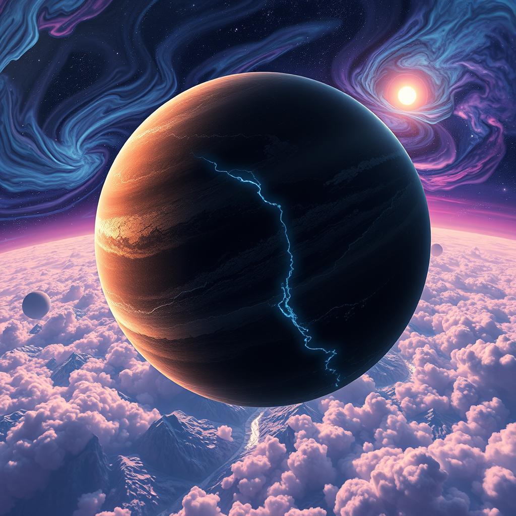 A stunning view of a distant planet soaring through the cosmos, featuring intricate surface details like vast mountain ranges, deep valleys, and glowing rivers of liquid