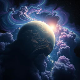 A stunning view of a distant planet soaring through the cosmos, featuring intricate surface details like vast mountain ranges, deep valleys, and glowing rivers of liquid