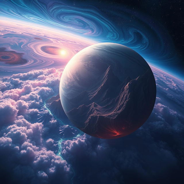 A stunning view of a distant planet soaring through the cosmos, featuring intricate surface details like vast mountain ranges, deep valleys, and glowing rivers of liquid