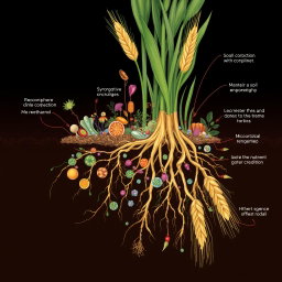 A detailed scientific illustration depicting the rhizosphere of wheat plants, showcasing the complex microbiome interactions in the soil