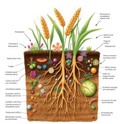 A detailed scientific illustration depicting the rhizosphere of wheat plants, showcasing the complex microbiome interactions in the soil