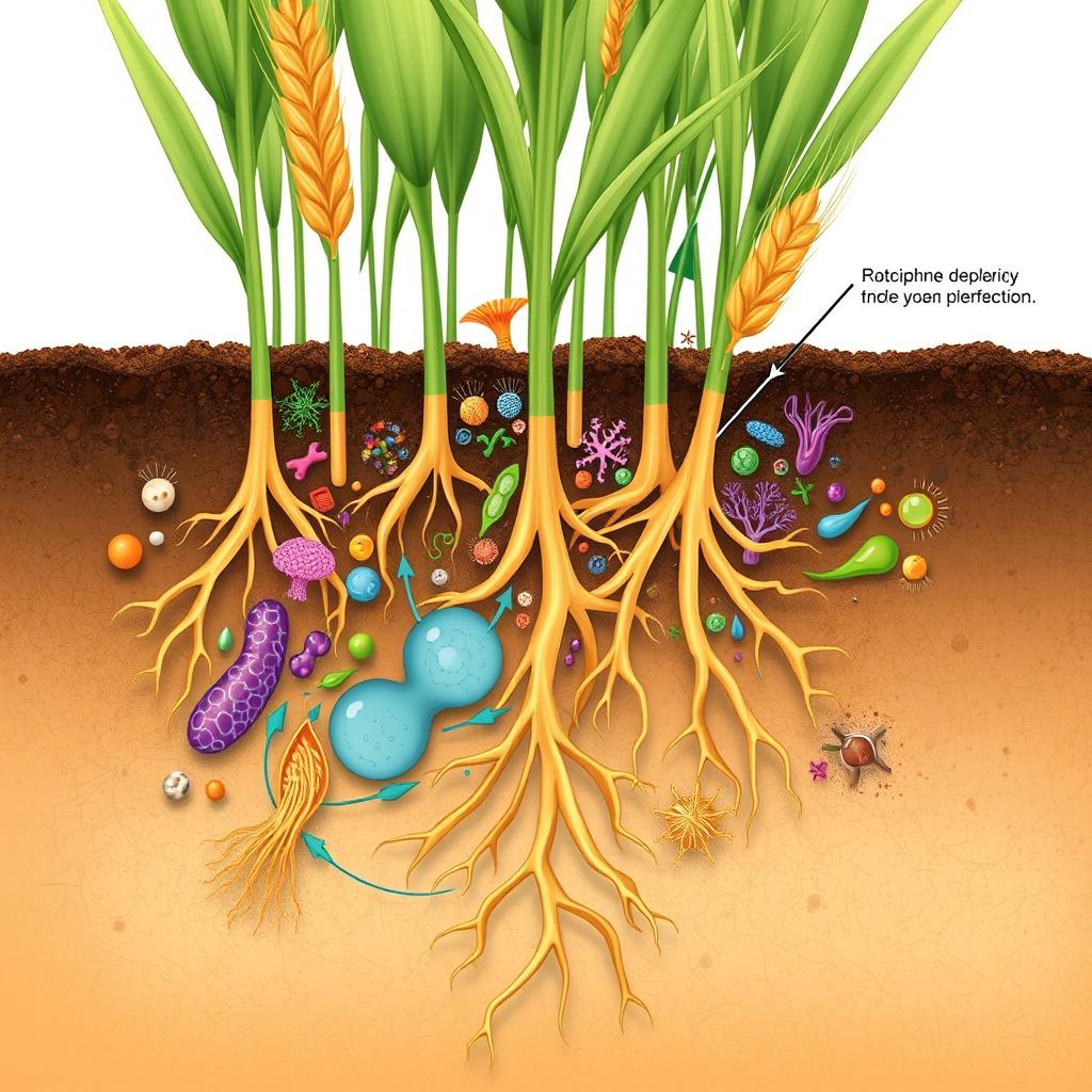 A detailed scientific illustration depicting the rhizosphere of wheat plants, showcasing the complex microbiome interactions in the soil