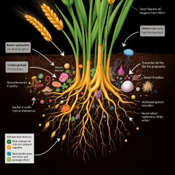 A detailed scientific illustration depicting the rhizosphere of wheat plants, showcasing the complex microbiome interactions in the soil