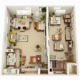 2BHK (bedroom, hall, and kitchen) home interior floor plan, designed with optimal flow of spaces, well organized living area, compact kitchen, sleek bathrooms and cosy bedrooms