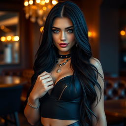 A striking portrait of a sexy young woman with long, silky black hair and alluring blue eyes