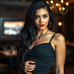 A striking portrait of a sexy young woman with long, silky black hair and alluring blue eyes