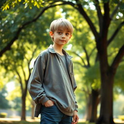 A tall boy with straight hair and a bony face, wearing casual, slightly oversized clothes that emphasize his slim figure