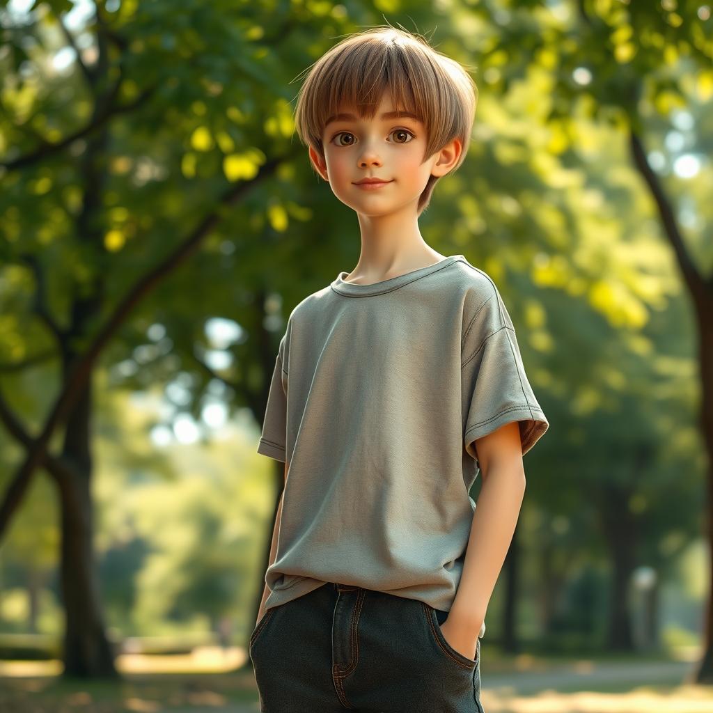 A tall boy with straight hair and a bony face, wearing casual, slightly oversized clothes that emphasize his slim figure