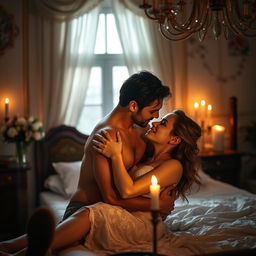 An artistic and sensual scene depicting a couple in an intimate moment, capturing their chemistry and connection