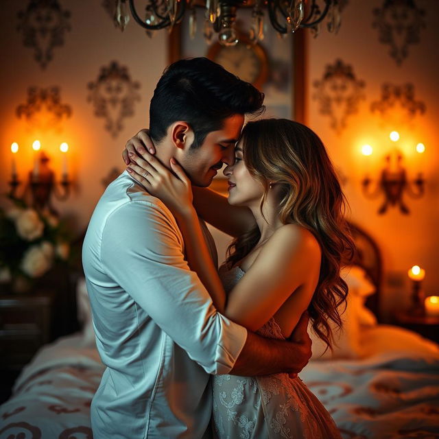 An artistic and sensual scene depicting a couple in an intimate moment, capturing their chemistry and connection