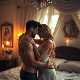 An artistic and sensual scene depicting a couple in an intimate moment, capturing their chemistry and connection
