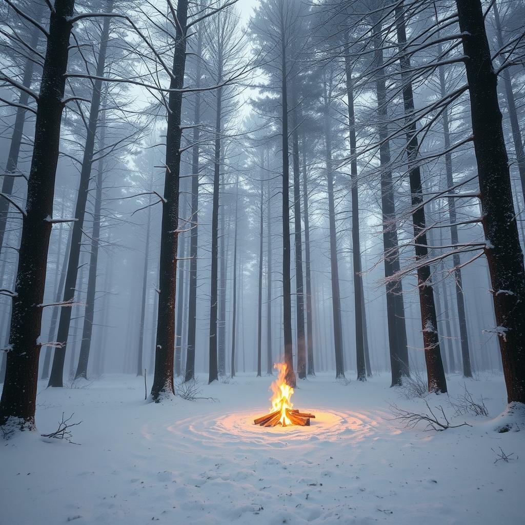 A serene winter forest scene with tall, snow-covered trees, their branches heavy with frost