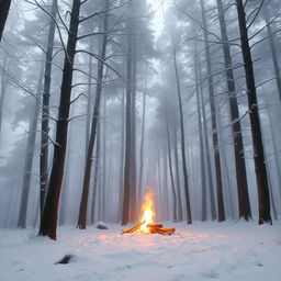 A serene winter forest scene with tall, snow-covered trees, their branches heavy with frost