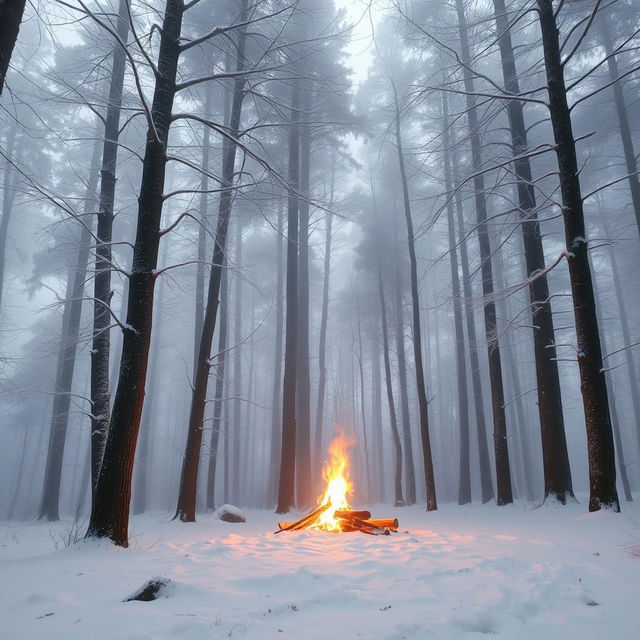A serene winter forest scene with tall, snow-covered trees, their branches heavy with frost