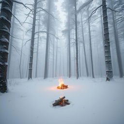 A serene winter forest scene with tall, snow-covered trees, their branches heavy with frost