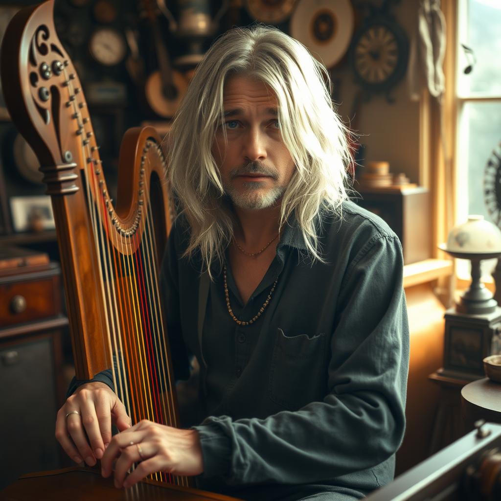 Kurt Cobain depicted as a middle-aged man with bright silver long hair, playing a harpsichord