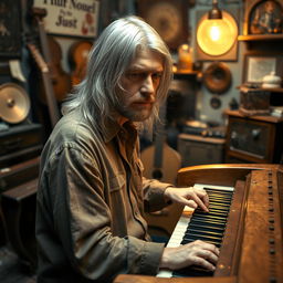 Kurt Cobain depicted as a middle-aged man with bright silver long hair, playing a harpsichord