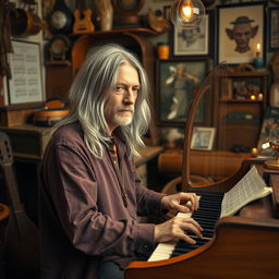 Kurt Cobain depicted as a middle-aged man with bright silver long hair, playing a harpsichord