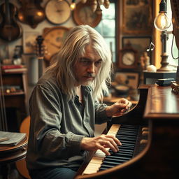 Kurt Cobain depicted as a middle-aged man with bright silver long hair, playing a harpsichord