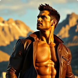 A powerful representation of masculinity featuring a confident and muscular man in a contemplative pose, standing tall in a rugged outdoor setting
