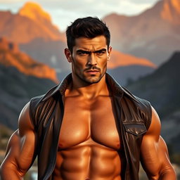 A powerful representation of masculinity featuring a confident and muscular man in a contemplative pose, standing tall in a rugged outdoor setting