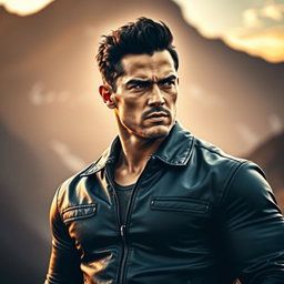 A powerful representation of masculinity featuring a confident and muscular man in a contemplative pose, standing tall in a rugged outdoor setting