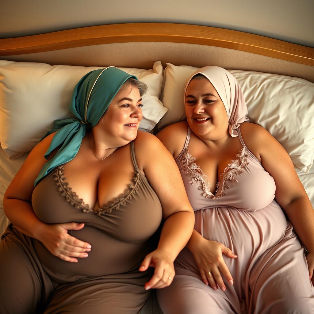 Two slightly overweight mature women wearing headscarves, featuring large breasts, dressed in sexy nightgowns, playfully lying on a bed