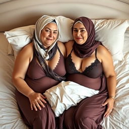 Two slightly overweight mature women wearing headscarves, featuring large breasts, dressed in sexy nightgowns, playfully lying on a bed