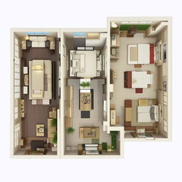 2BHK (bedroom, hall, and kitchen) home interior floor plan, designed with optimal flow of spaces, well organized living area, compact kitchen, sleek bathrooms and cosy bedrooms