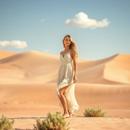 A beautiful woman standing confidently in a vast desert landscape, wearing a flowing, light-colored sundress that billows gently in the warm breeze