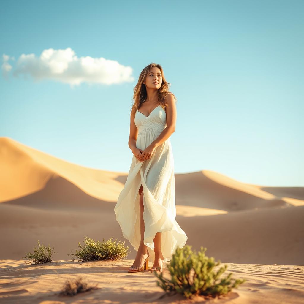 A beautiful woman standing confidently in a vast desert landscape, wearing a flowing, light-colored sundress that billows gently in the warm breeze