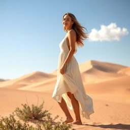 A beautiful woman standing confidently in a vast desert landscape, wearing a flowing, light-colored sundress that billows gently in the warm breeze