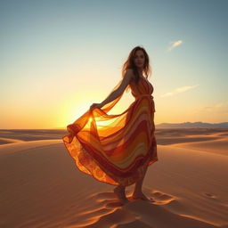 A graceful woman standing in a vast desert landscape, wearing a flowing, colorful dress that flutters in the warm desert breeze
