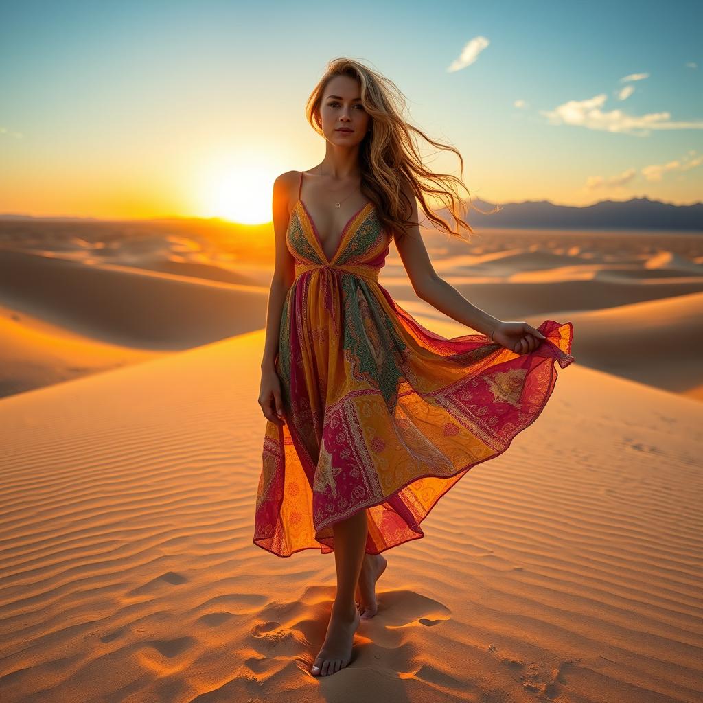 A graceful woman standing in a vast desert landscape, wearing a flowing, colorful dress that flutters in the warm desert breeze