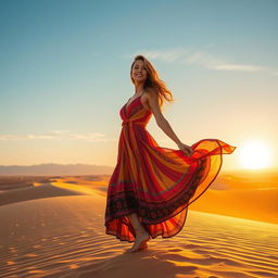 A graceful woman standing in a vast desert landscape, wearing a flowing, colorful dress that flutters in the warm desert breeze