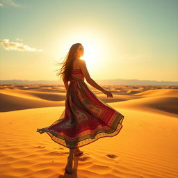 A graceful woman standing in a vast desert landscape, wearing a flowing, colorful dress that flutters in the warm desert breeze
